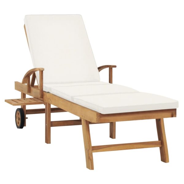 vidaXL Sun Lounger with Cushion Solid Teak Wood Cream - Image 3