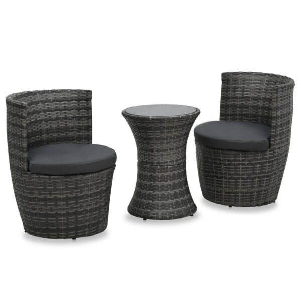 vidaXL 3 Piece Bistro Set with Cushions Poly Rattan Gray