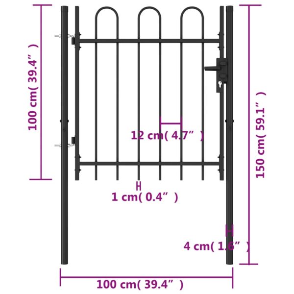 vidaXL Fence Gate Single Door with Arched Top Steel 39.4"x39.4" Black - Image 5