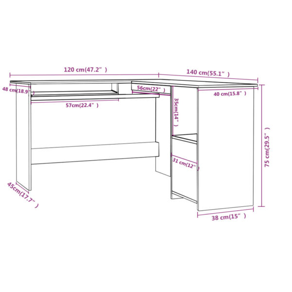 vidaXL L-Shaped Corner Desk White 47.2"x55.1"x29.5" Engineered Wood - Image 6