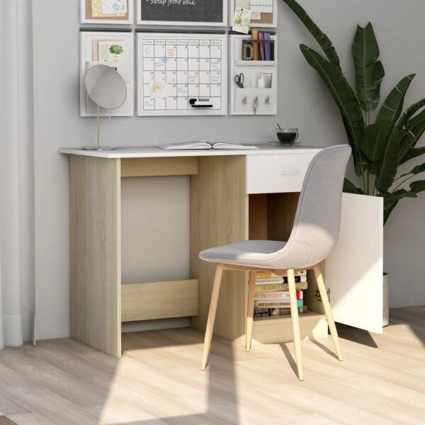 vidaXL Desk White and Sonoma Oak 39.4"x19.7"x29.9" Engineered Wood - Image 4