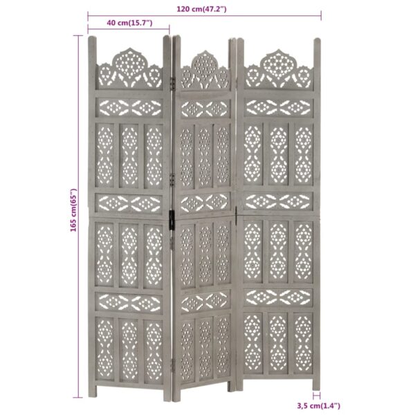 vidaXL Hand carved 3-Panel Room Divider Gray 47.2"x65" Solid Mango Wood - Image 7