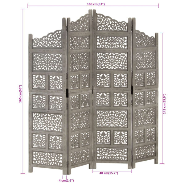 vidaXL Hand carved 4-Panel Room Divider Gray 63"x65" Solid Mango Wood - Image 7