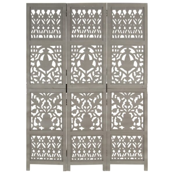 vidaXL Hand Carved 3-Panel Room Divider Gray 47.2"x65" Solid Mango Wood - Image 5