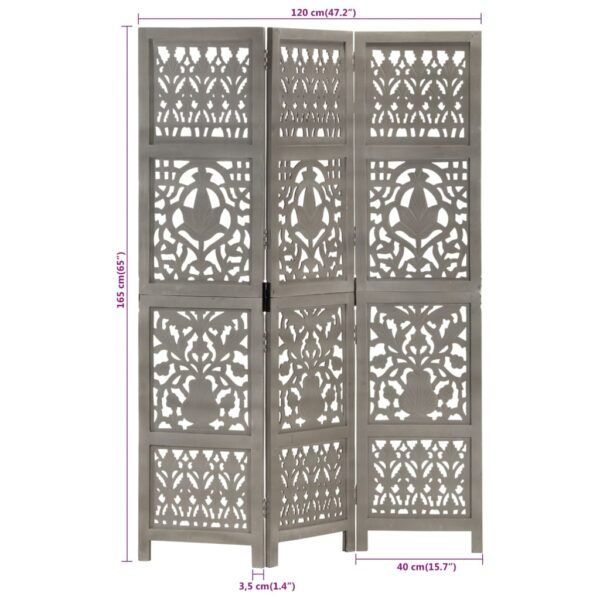 vidaXL Hand Carved 3-Panel Room Divider Gray 47.2"x65" Solid Mango Wood - Image 6