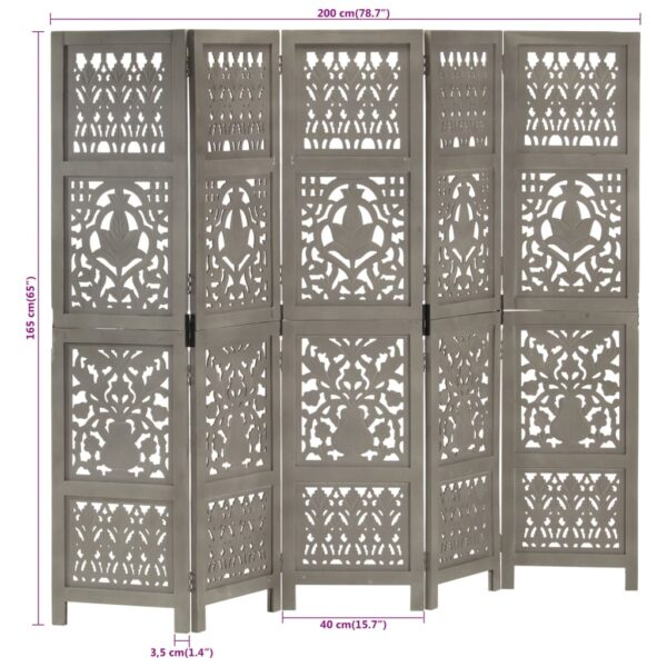 vidaXL Hand Carved 5-Panel Room Divider Gray 78.7"x65" Solid Mango Wood - Image 6