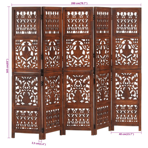 vidaXL Hand Carved 5-Panel Room Divider Brown 78.7"x65" Solid Mango Wood - Image 7