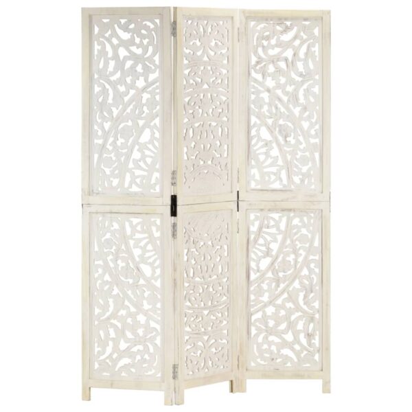 vidaXL Hand carved 3-Panel Room Divider White 47.2"x65" Solid Mango Wood