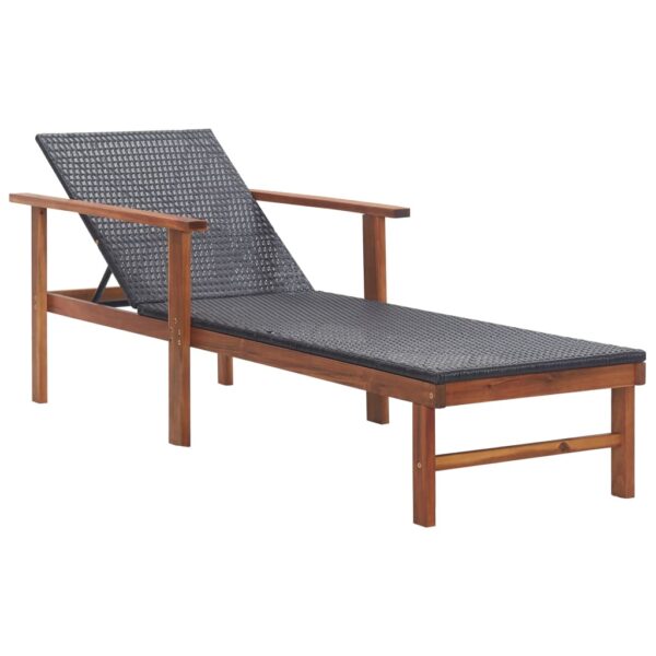 vidaXL Sun Lounger with Cushion Poly Rattan and Solid Acacia Wood Black - Image 2