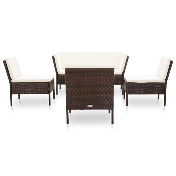 vidaXL 6 Piece Patio Lounge Set with Cushions Poly Rattan Brown - Image 2