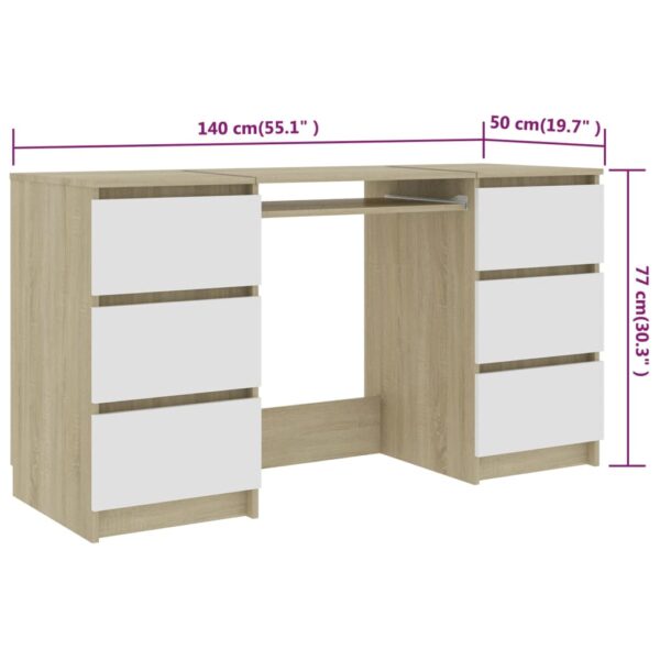 vidaXL Writing Desk White and Sonoma Oak 55.1"x19.7"x30.3" Engineered Wood - Image 6