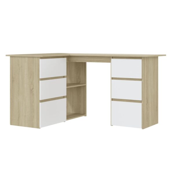 vidaXL Corner Desk White and Sonoma Oak 57.1"x39.4"x29.9" Engineered Wood - Image 2