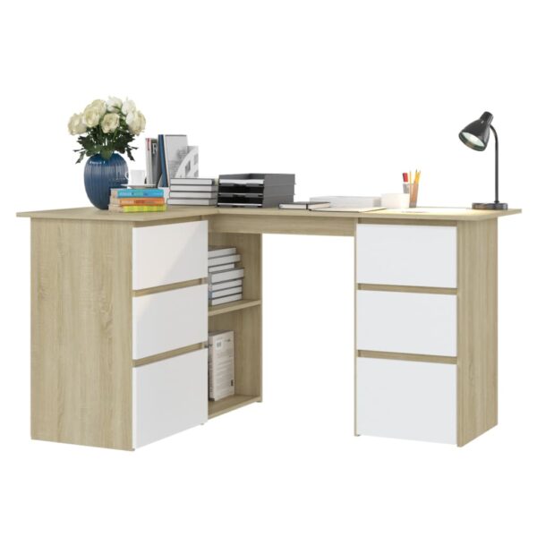 vidaXL Corner Desk White and Sonoma Oak 57.1"x39.4"x29.9" Engineered Wood - Image 4