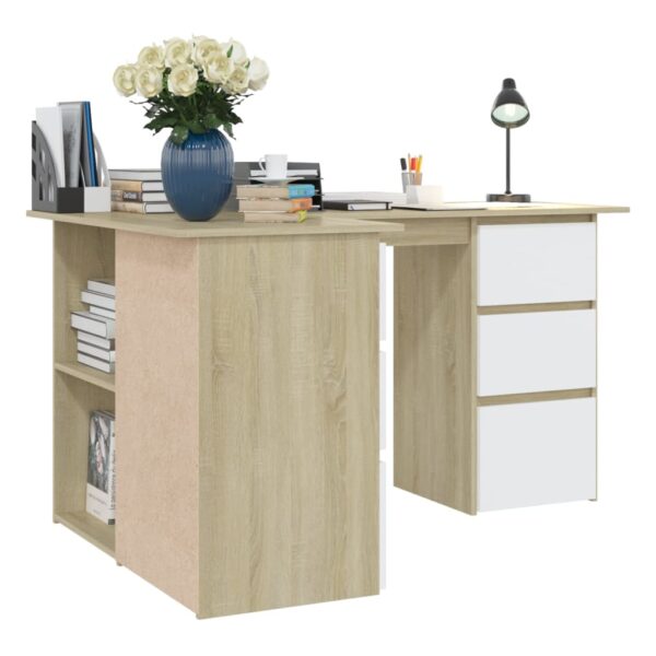 vidaXL Corner Desk White and Sonoma Oak 57.1"x39.4"x29.9" Engineered Wood - Image 5