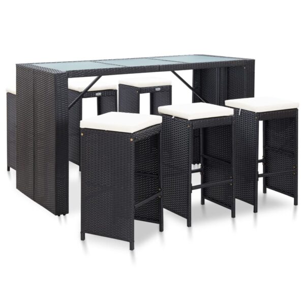 vidaXL 7 Piece Patio Bar Set with Cushions Poly Rattan Black