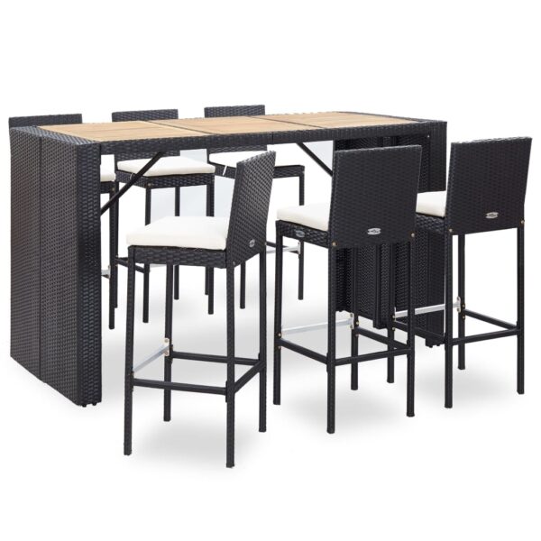 vidaXL 7 Piece Patio Bar Set with Cushions Poly Rattan Black