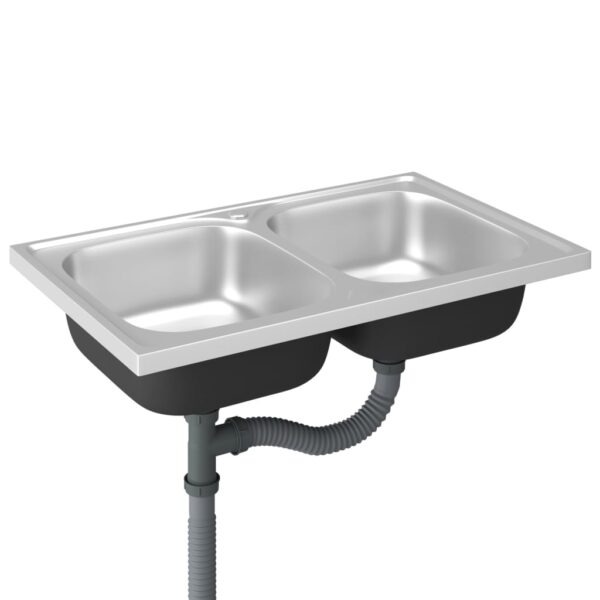 vidaXL Kitchen Sink with Double Basins Silver 31.5"x19.7"x6.1" Stainless Steel - Image 4