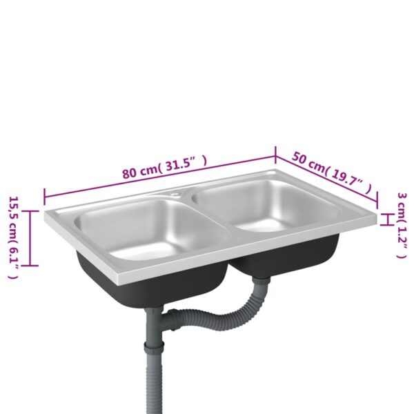 vidaXL Kitchen Sink with Double Basins Silver 31.5"x19.7"x6.1" Stainless Steel - Image 9