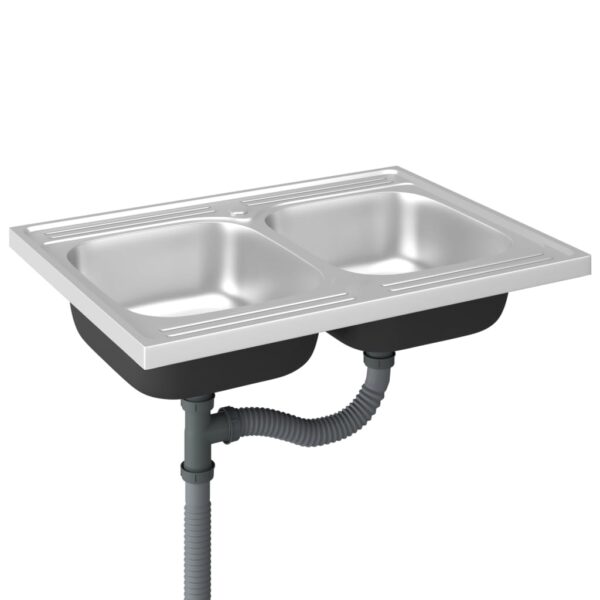 vidaXL Kitchen Sink with Double Basins Silver 31.5"x23.6"x6.1" Stainless Steel - Image 4