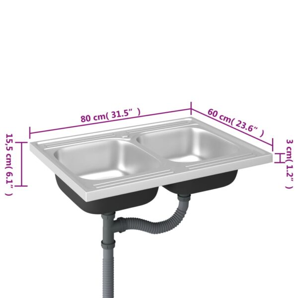 vidaXL Kitchen Sink with Double Basins Silver 31.5"x23.6"x6.1" Stainless Steel - Image 9