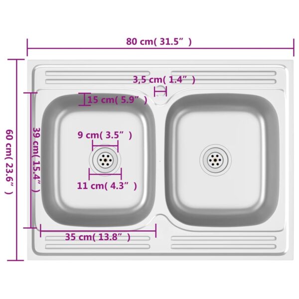 vidaXL Kitchen Sink with Double Basins Silver 31.5"x23.6"x6.1" Stainless Steel - Image 10