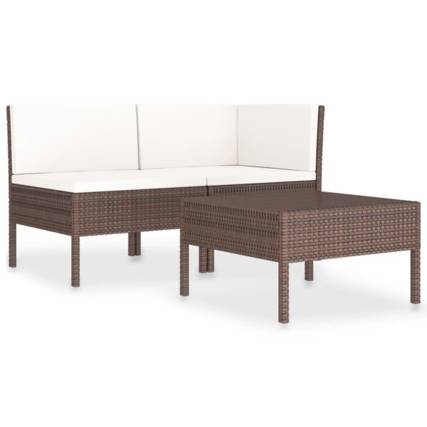 vidaXL 3 Piece Patio Lounge Set with Cushions Poly Rattan Brown - Image 2