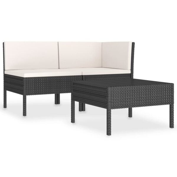 vidaXL 3 Piece Patio Lounge Set with Cushions Poly Rattan Black - Image 2