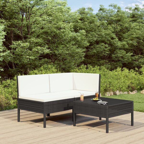 vidaXL 3 Piece Patio Lounge Set with Cushions Poly Rattan Black