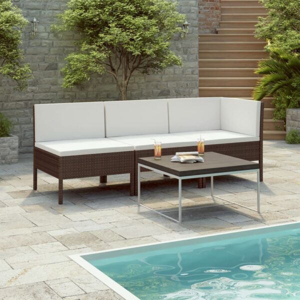 vidaXL 3 Piece Patio Lounge Set with Cushions Poly Rattan Brown