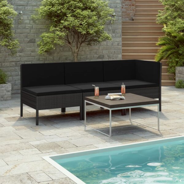 vidaXL 3 Piece Patio Lounge Set with Cushions Poly Rattan Black