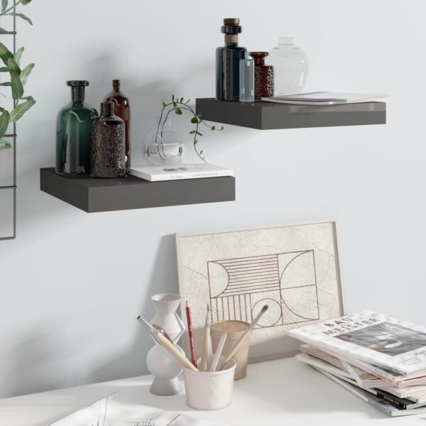 vidaXL Floating Wall Shelves 2 pcs High Gloss Gray 9.1"x9.3"x1.5" MDF