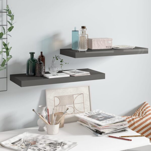 vidaXL Floating Wall Shelves 2 pcs High Gloss Gray 23.6"x9.3"x1.5" MDF