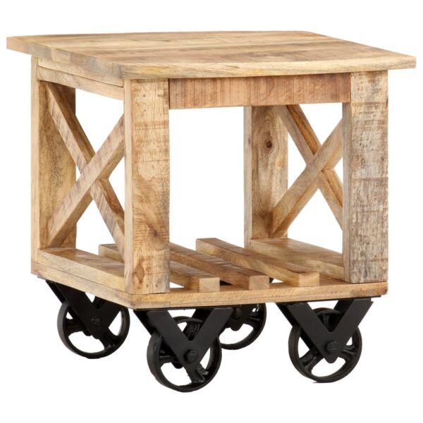 vidaXL Side Table with Wheels 15.7"x15.7"x16.5" Rough Mango Wood - Image 9