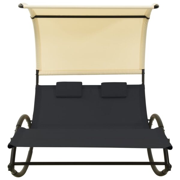 vidaXL Double Sun Lounger with Canopy Textilene Black and Cream - Image 2