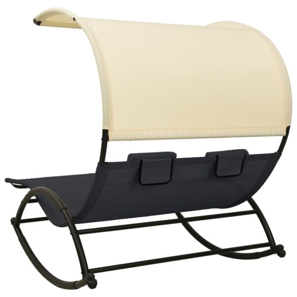 vidaXL Double Sun Lounger with Canopy Textilene Black and Cream - Image 4