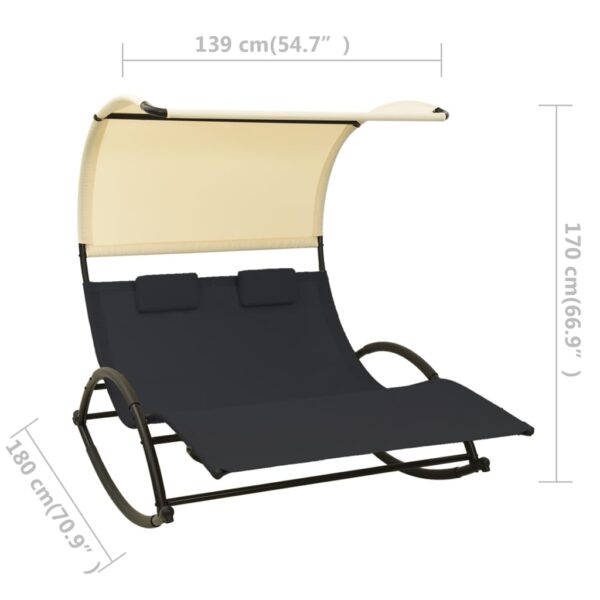 vidaXL Double Sun Lounger with Canopy Textilene Black and Cream - Image 7