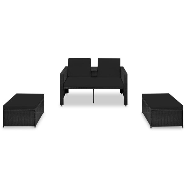 vidaXL 3 Piece Patio Lounge Set with Cushions Poly Rattan Black - Image 2