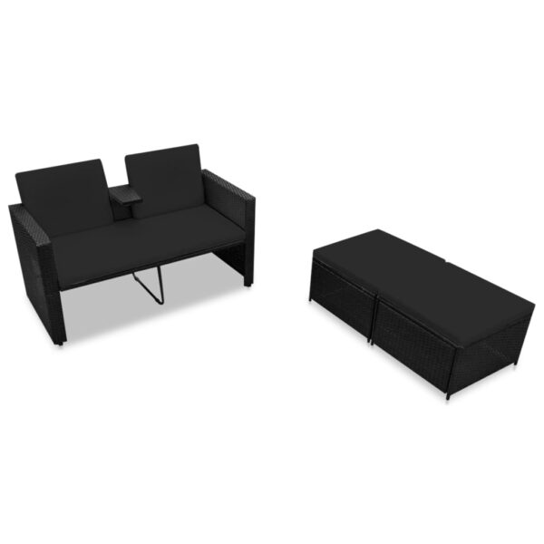 vidaXL 3 Piece Patio Lounge Set with Cushions Poly Rattan Black - Image 3