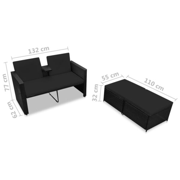 vidaXL 3 Piece Patio Lounge Set with Cushions Poly Rattan Black - Image 7