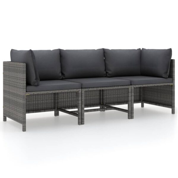 vidaXL 3-Seater Patio Sofa with Cushions Gray Poly Rattan