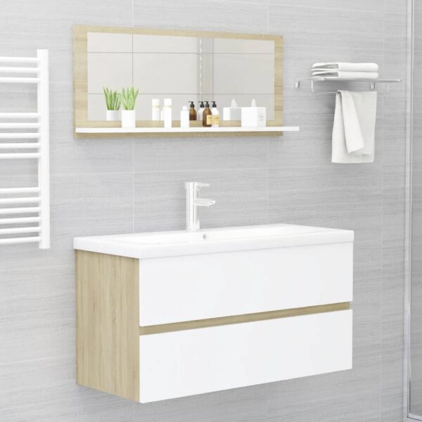 vidaXL Bathroom Mirror White and Sonoma Oak 35.4"x4.1"x14.6" Engineered Wood - Image 4