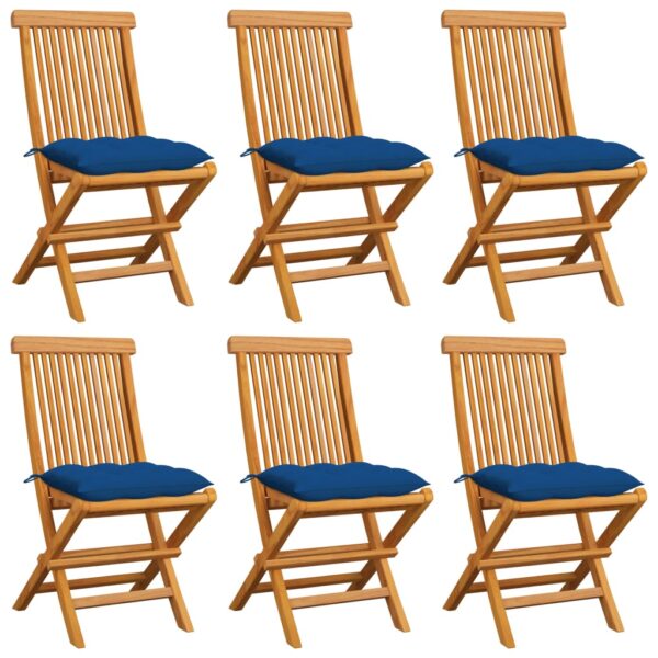 vidaXL Patio Chairs with Blue Cushions 6 pcs Solid Teak Wood