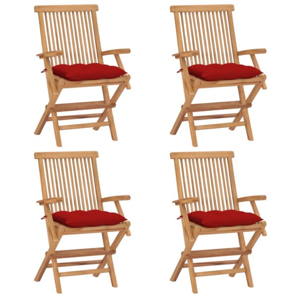 vidaXL Patio Chairs with Red Cushions 4 pcs Solid Teak Wood