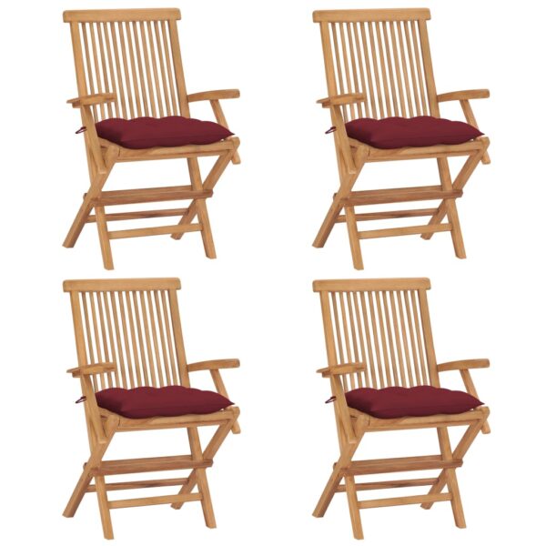 vidaXL Patio Chairs with Wine Red Cushions 4 pcs Solid Teak Wood