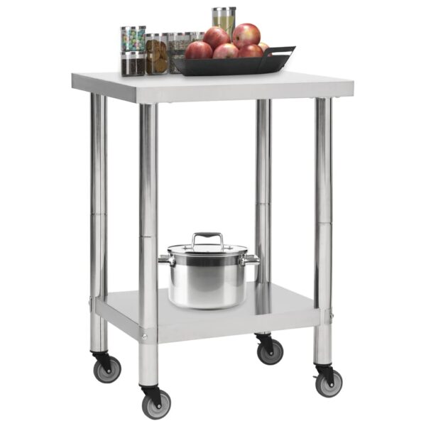 vidaXL Kitchen Work Table with Wheels 23.6"x11.8"x33.5" Stainless Steel - Image 2