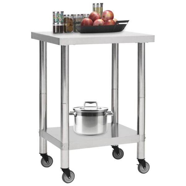 vidaXL Kitchen Work Table with Wheels 23.6"x17.7"x33.5" Stainless Steel - Image 2