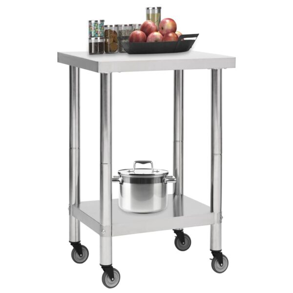 vidaXL Kitchen Work Table with Wheels 23.6"x23.6"x33.5" Stainless Steel - Image 2