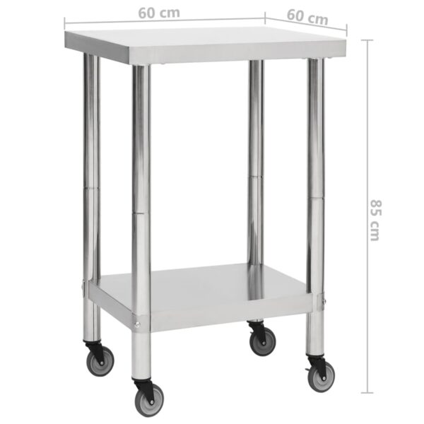 vidaXL Kitchen Work Table with Wheels 23.6"x23.6"x33.5" Stainless Steel - Image 7