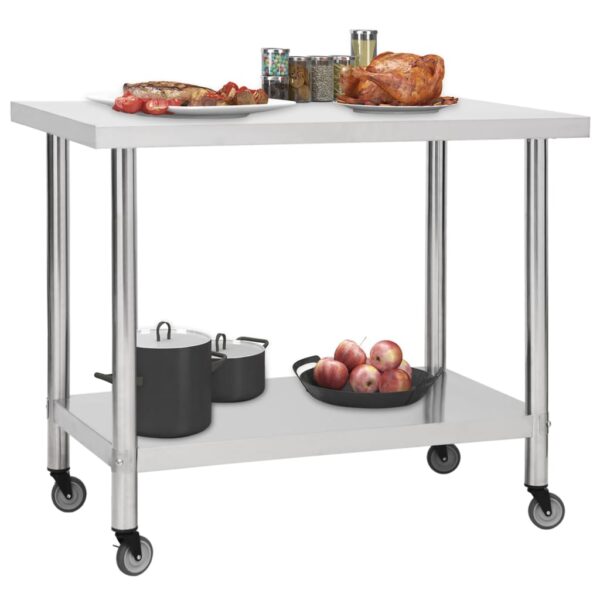 vidaXL Kitchen Work Table with Wheels 39.4"x11.8"x33.5" Stainless Steel - Image 2