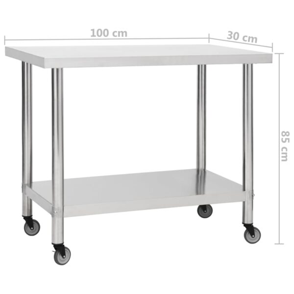 vidaXL Kitchen Work Table with Wheels 39.4"x11.8"x33.5" Stainless Steel - Image 8